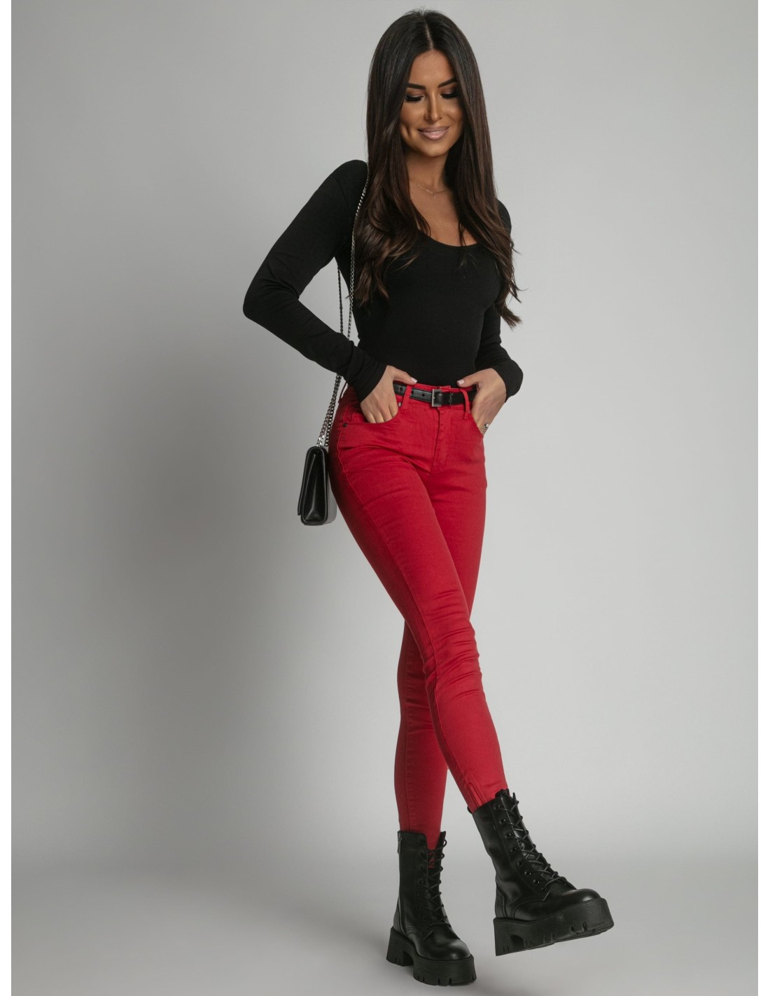 Jeans trousers with zippers on the legs, red, 0604 - Online store - Boutique